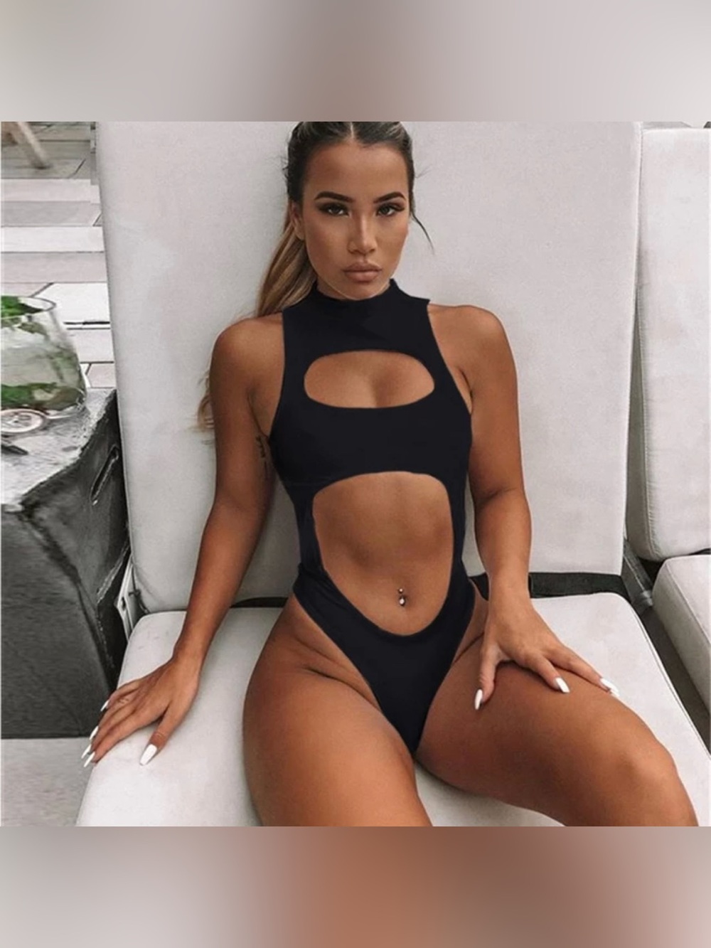 High-Neck Cutout One-Piece Swimsuit - Black